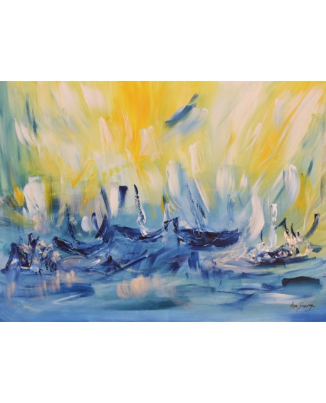 tableau abstrait jaune et bleu de bateaux