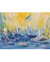 tableau abstrait jaune et bleu de bateaux