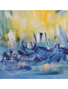 tableau abstrait jaune et bleu de bateaux