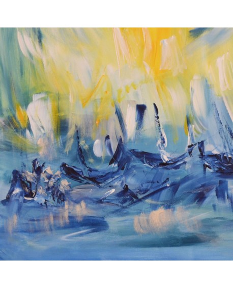 tableau abstrait jaune et bleu de bateaux