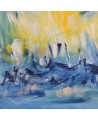 tableau abstrait jaune et bleu de bateaux