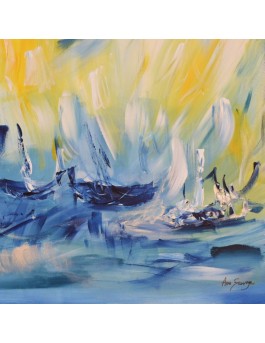 tableau abstrait jaune et bleu de bateaux