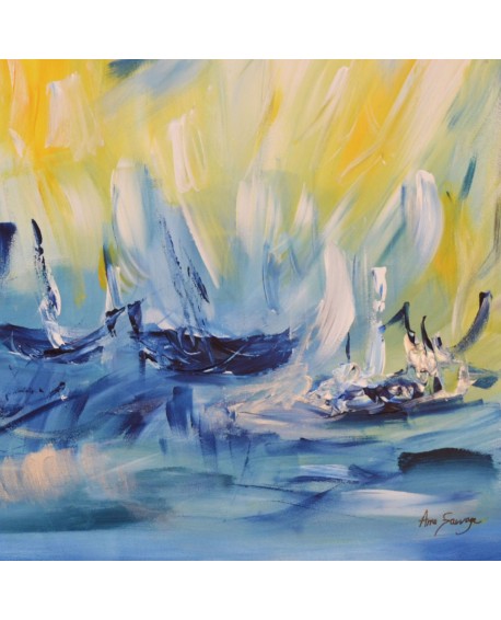 tableau abstrait jaune et bleu de bateaux