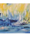 tableau abstrait jaune et bleu de bateaux