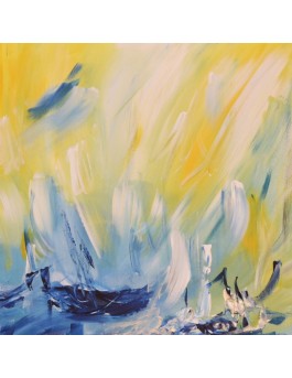 tableau abstrait jaune et bleu de bateaux