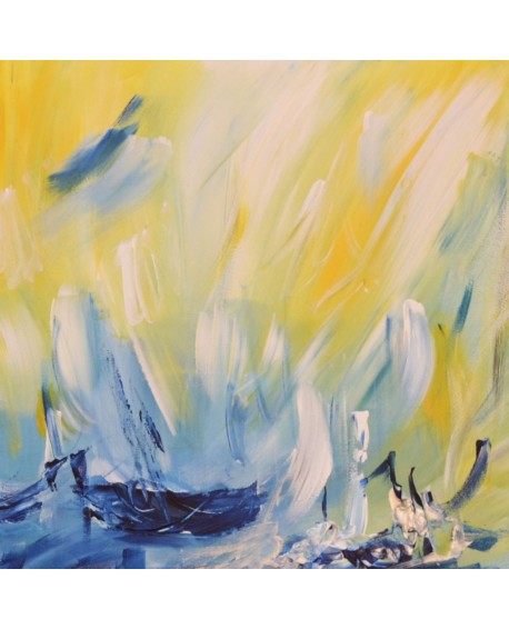 tableau abstrait jaune et bleu de bateaux