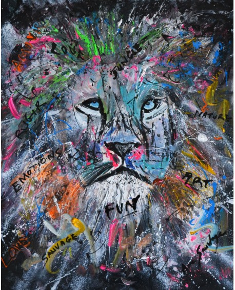 tableau abstrait lion multicolore