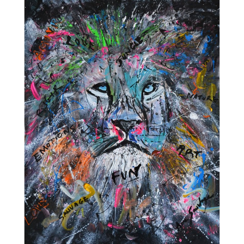 tableau abstrait lion multicolore