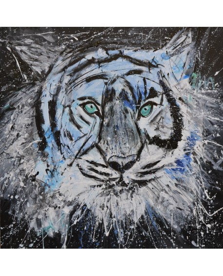 tableau abstrait tigre yeux bleus verts