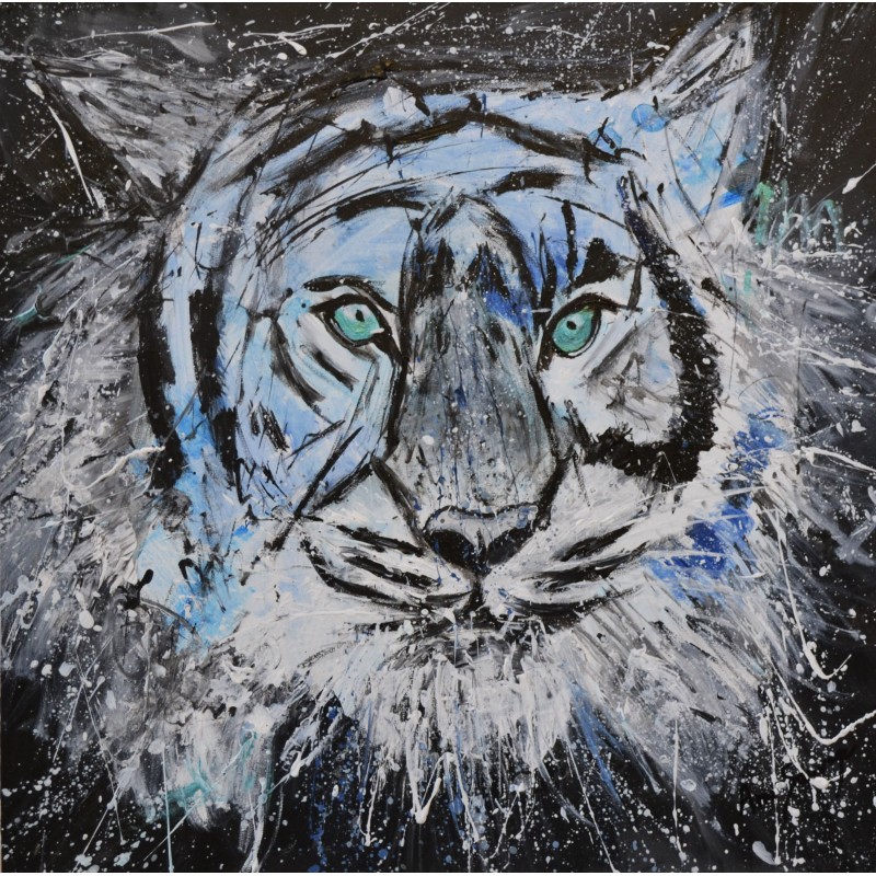 tableau abstrait tigre yeux bleus verts