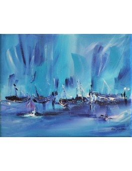 tableau abstrait bleu bateaux
