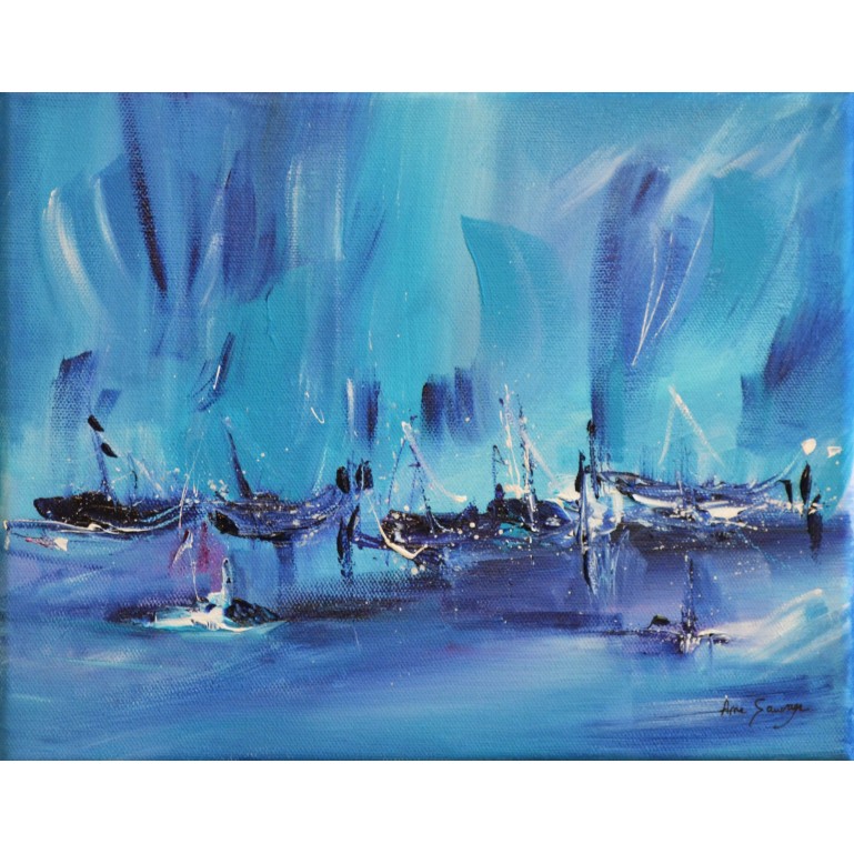 tableau abstrait bleu bateaux