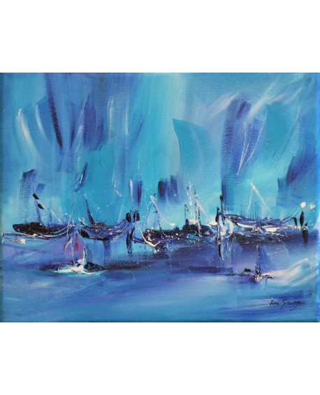 tableau abstrait bleu bateaux