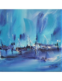 tableau abstrait bleu bateaux