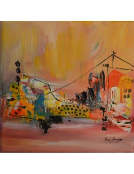 tableau abstrait jaune orange bleu