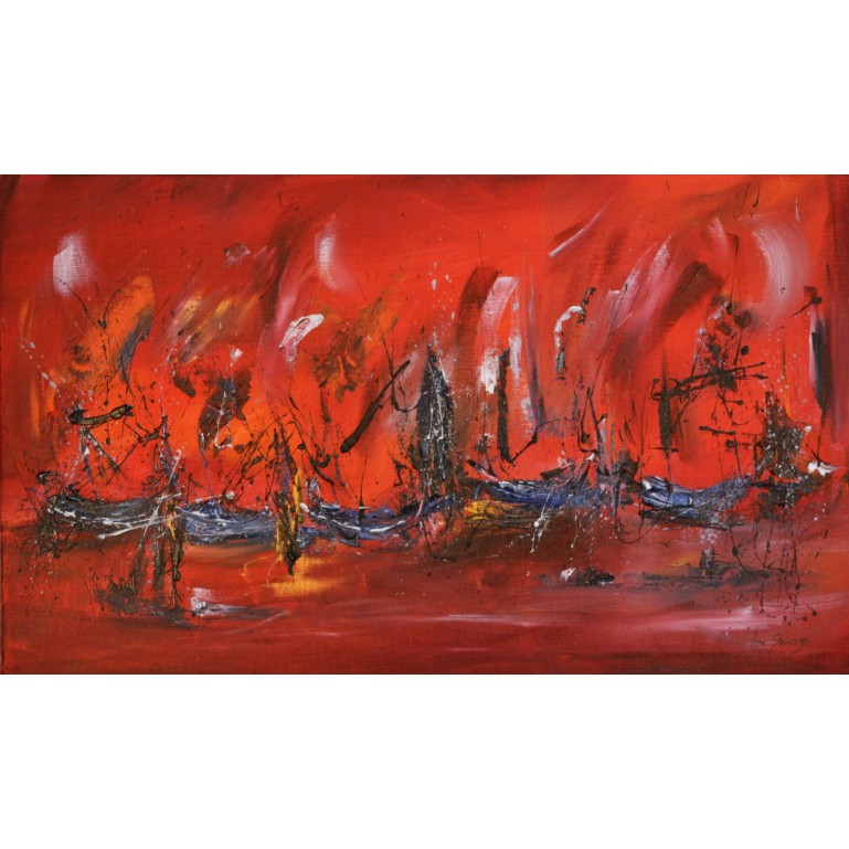 tableau abstrait rouge bateaux
