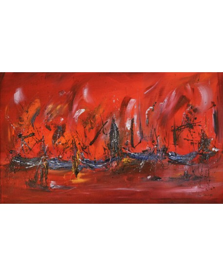 tableau abstrait rouge bateaux
