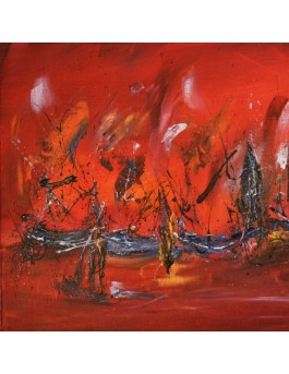 tableau abstrait rouge bateaux