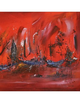tableau abstrait rouge bateaux