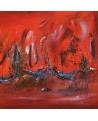 tableau abstrait rouge bateaux
