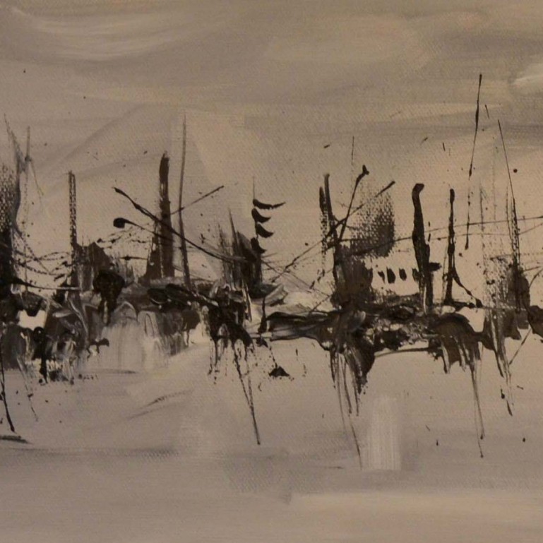Toile Déco Panoramique 150x50 Cm - Peinture Abstraite Noir/Blanc/Gris, Sur Châssis