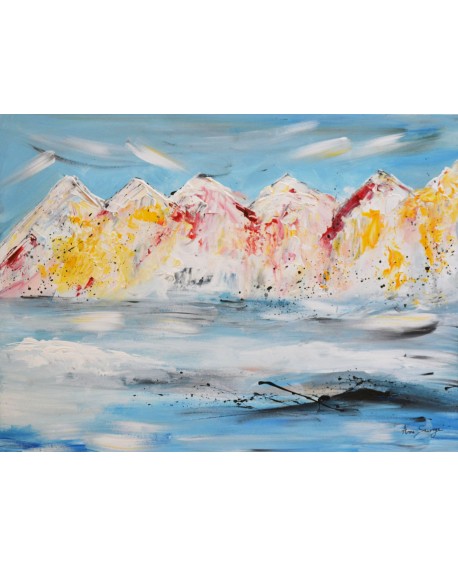 peinture abstraite montagnes colorées sur plaque de bois