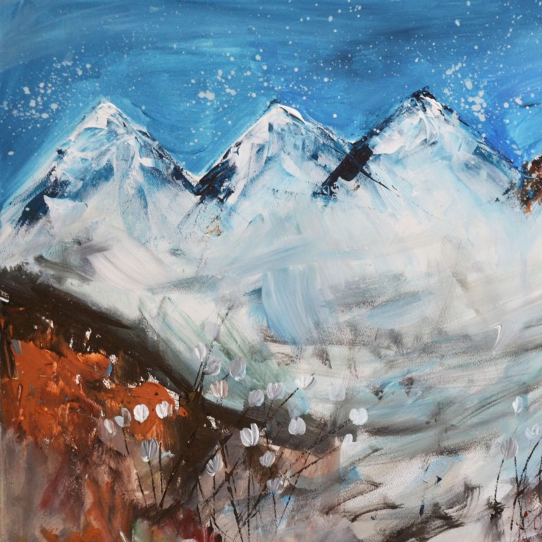 Tableau abstrait montagnes enneigées, peinture abstraite chaîne montagneuse