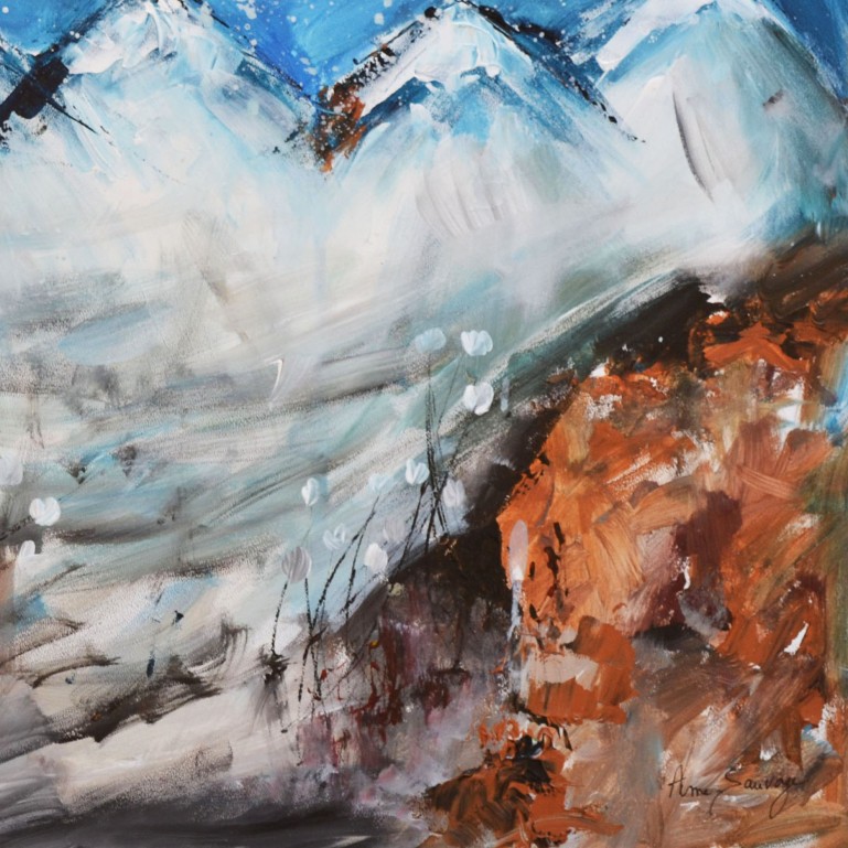 Tableau abstrait montagnes enneigées, peinture abstraite chaîne montagneuse
