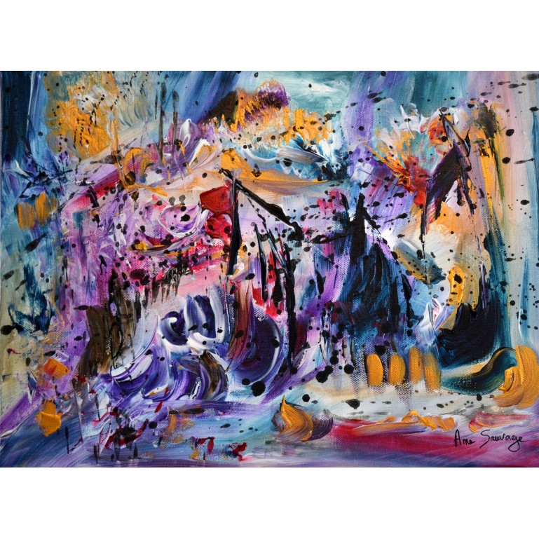 Remous intérieurs - tableau abstrait violet fushia bleu blanc noir ocre