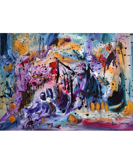 Remous intérieurs - tableau abstrait violet fushia bleu blanc noir ocre