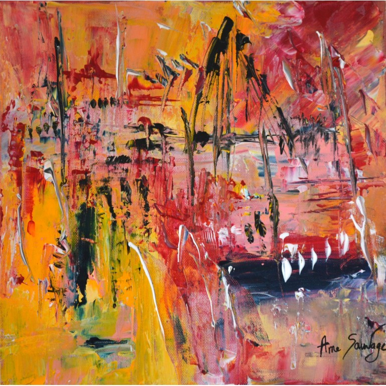 tableau abstrait multicolore rouge orange jaune bleu