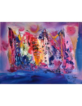 Ensemble au clair de lune - tableau abstrait bleu rose
