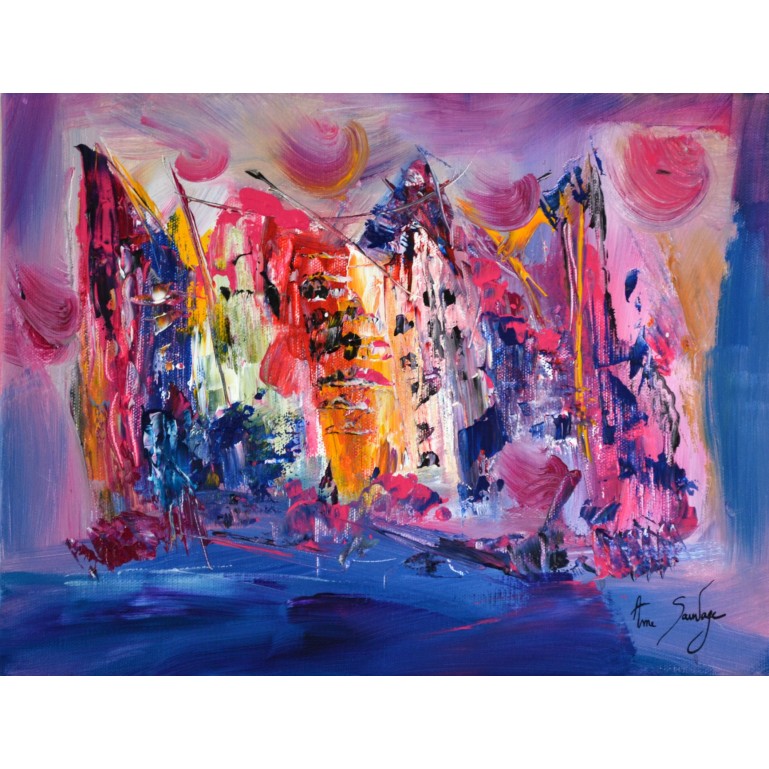 Ensemble au clair de lune - tableau abstrait bleu rose