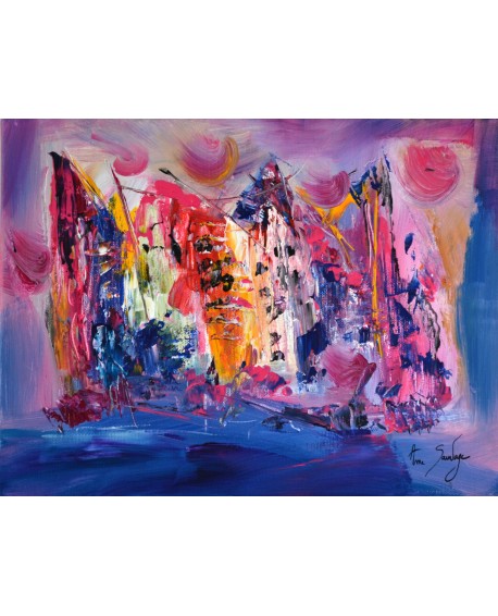 Ensemble au clair de lune - tableau abstrait bleu rose