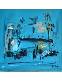 La maison sur pilotis - tableau abstrait bleu turquoise