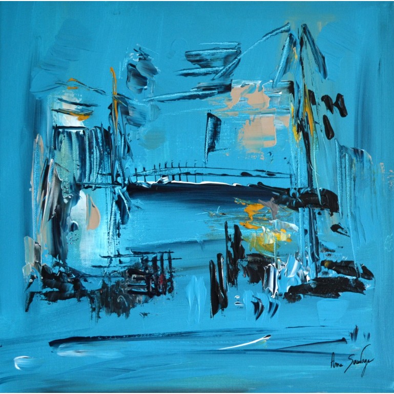 La maison sur pilotis - tableau abstrait bleu turquoise