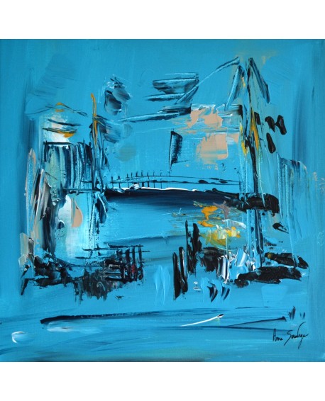 La maison sur pilotis - tableau abstrait bleu turquoise