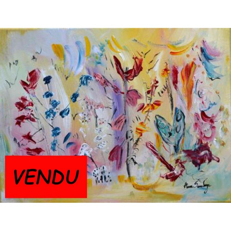 Tableau artiste peintre-L'oiseau et le papillon bleu 