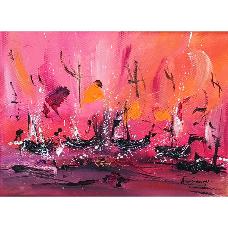tableau abstrait rose orange bateaux