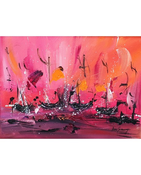 tableau abstrait rose orange bateaux