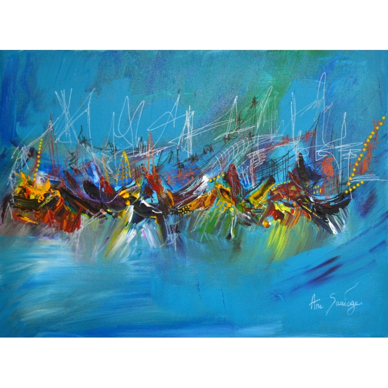 Tumulte en mer - tableau abstrait bleu