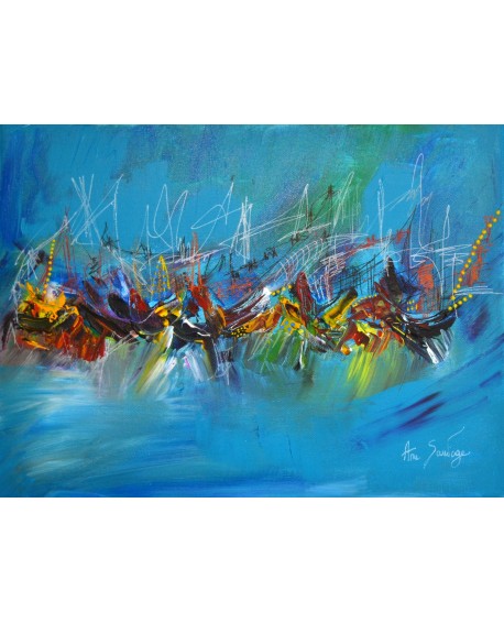 Tumulte en mer - tableau abstrait bleu