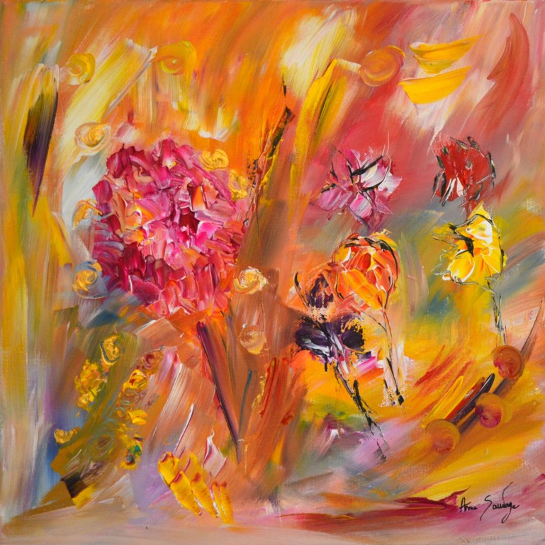tableau abstrait fleurs - peinture florale multicolore