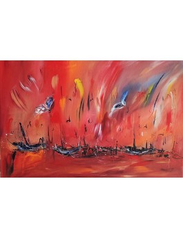 peinture abstraite rouge bateaux