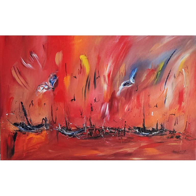 peinture abstraite rouge bateaux