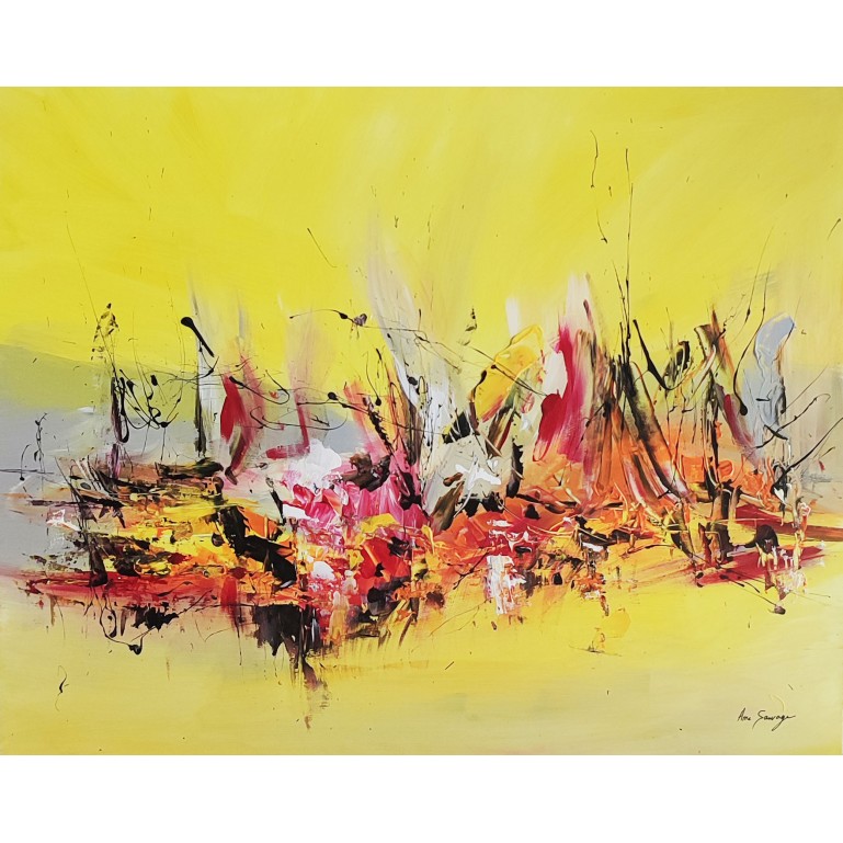 tableau abstrait jaune gris rouge