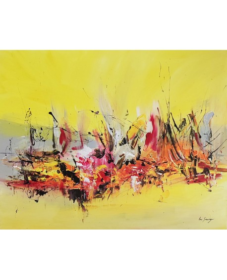 tableau abstrait jaune gris rouge