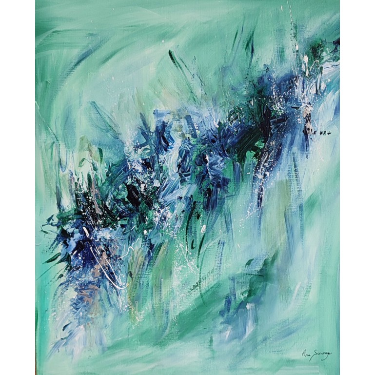 tableau abstrait vertical vert et bleu