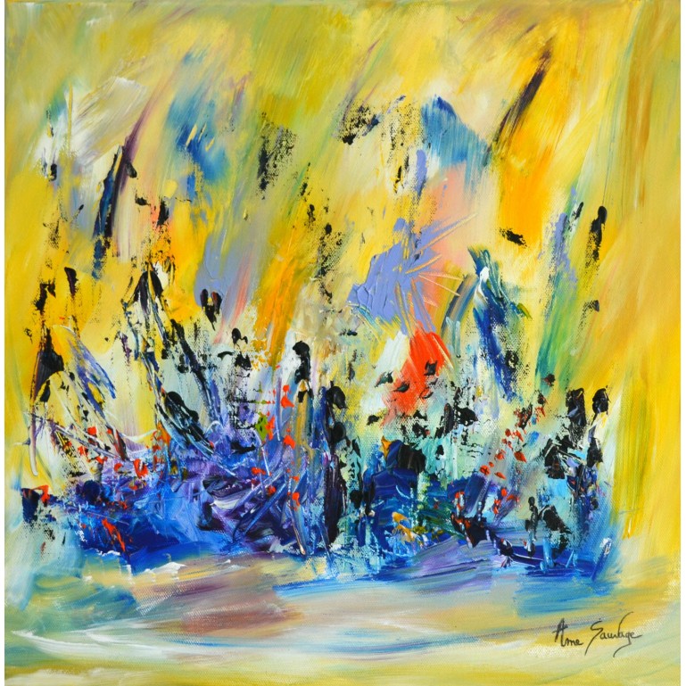 Baignade sous le soleil - tableau bleu jaune