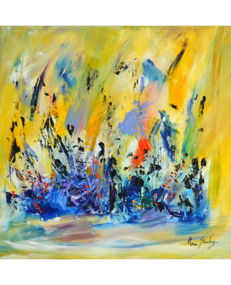 Baignade sous le soleil - tableau bleu jaune